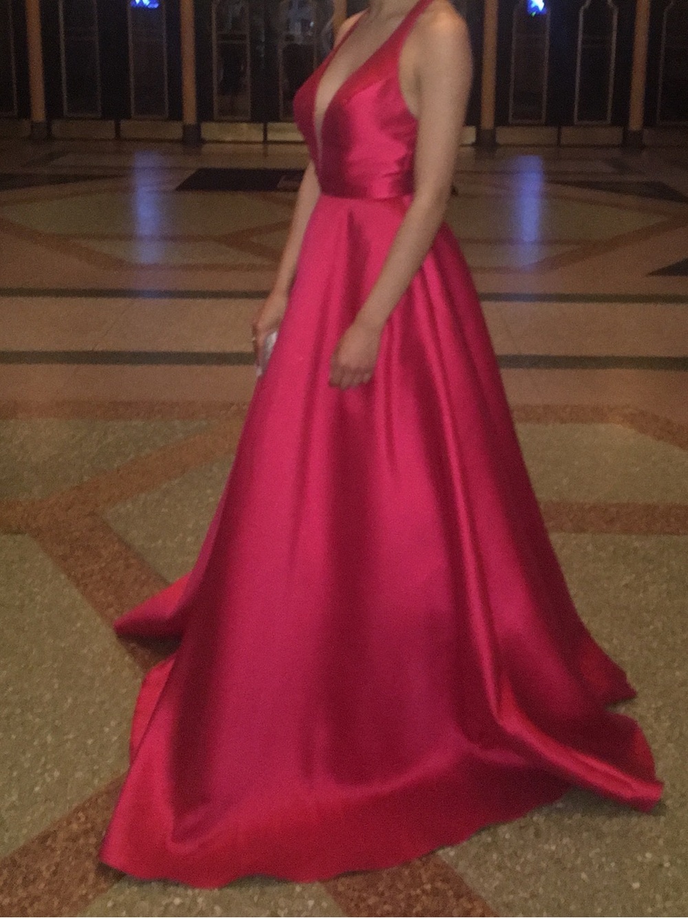 Women's Fuchsia Satin V-Neck Evening Gown